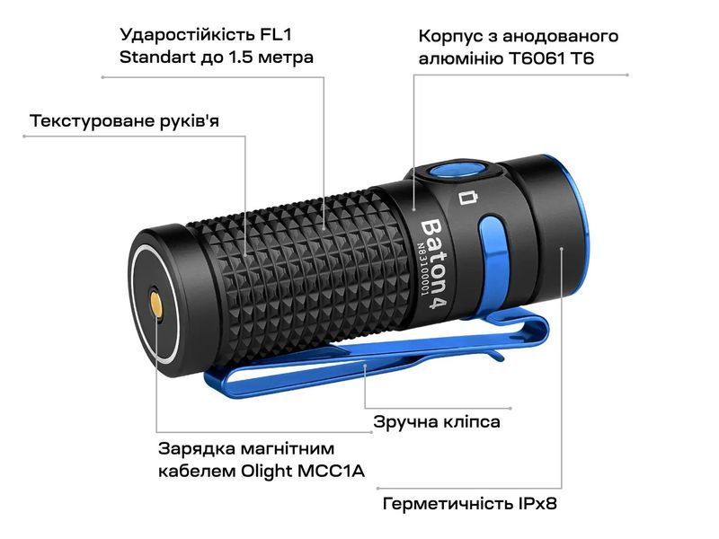 Фонарь Olight Baton 4 Black 952067 фото
